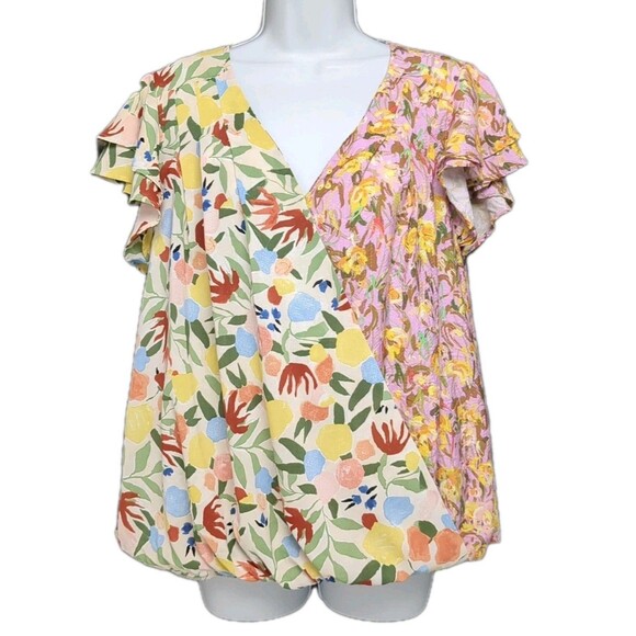 Entro V-Neck Fluttered Sleeves Floral Mixed Print Surplice Blouse Size Large - Picture 1 of 4